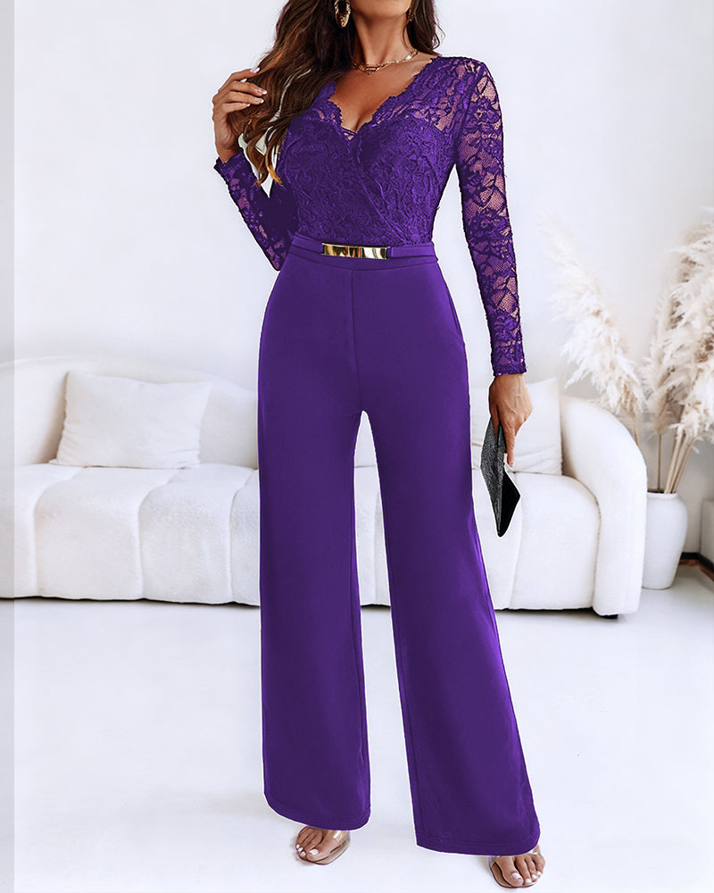 Metal Decor Scallop Trim V-Neck Lace Overlay Jumpsuit Casual Lace Long Sleeve Zipper Back Jumpsuit