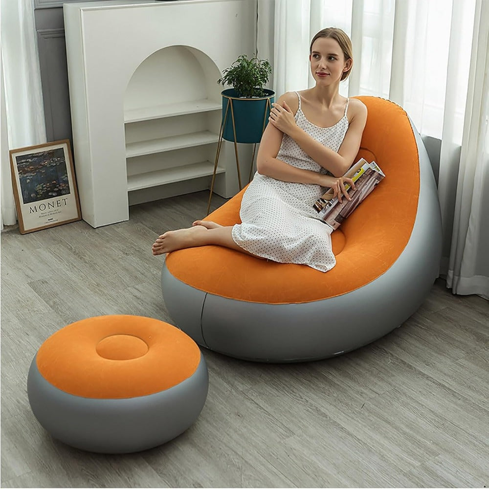 Inflatable Rounded Lounge Chair and Matching Ottoman in Eight Solid or Patterned Color Options