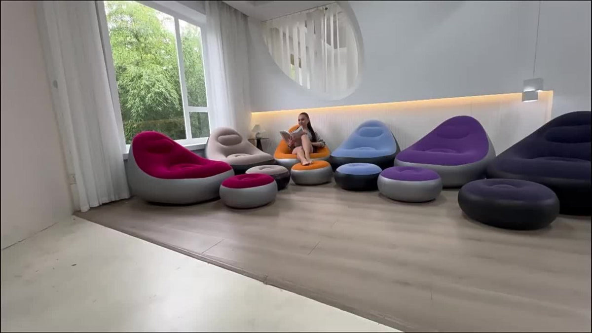 Inflatable Rounded Lounge Chair and Matching Ottoman in Eight Solid or Patterned Color Options