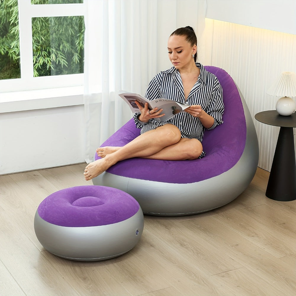 Inflatable Rounded Lounge Chair and Matching Ottoman in Eight Solid or Patterned Color Options