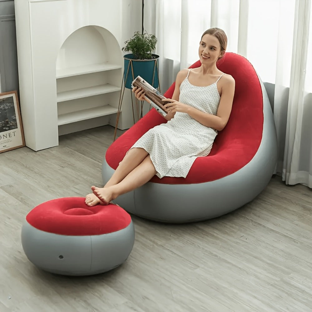 Inflatable Rounded Lounge Chair and Matching Ottoman in Eight Solid or Patterned Color Options