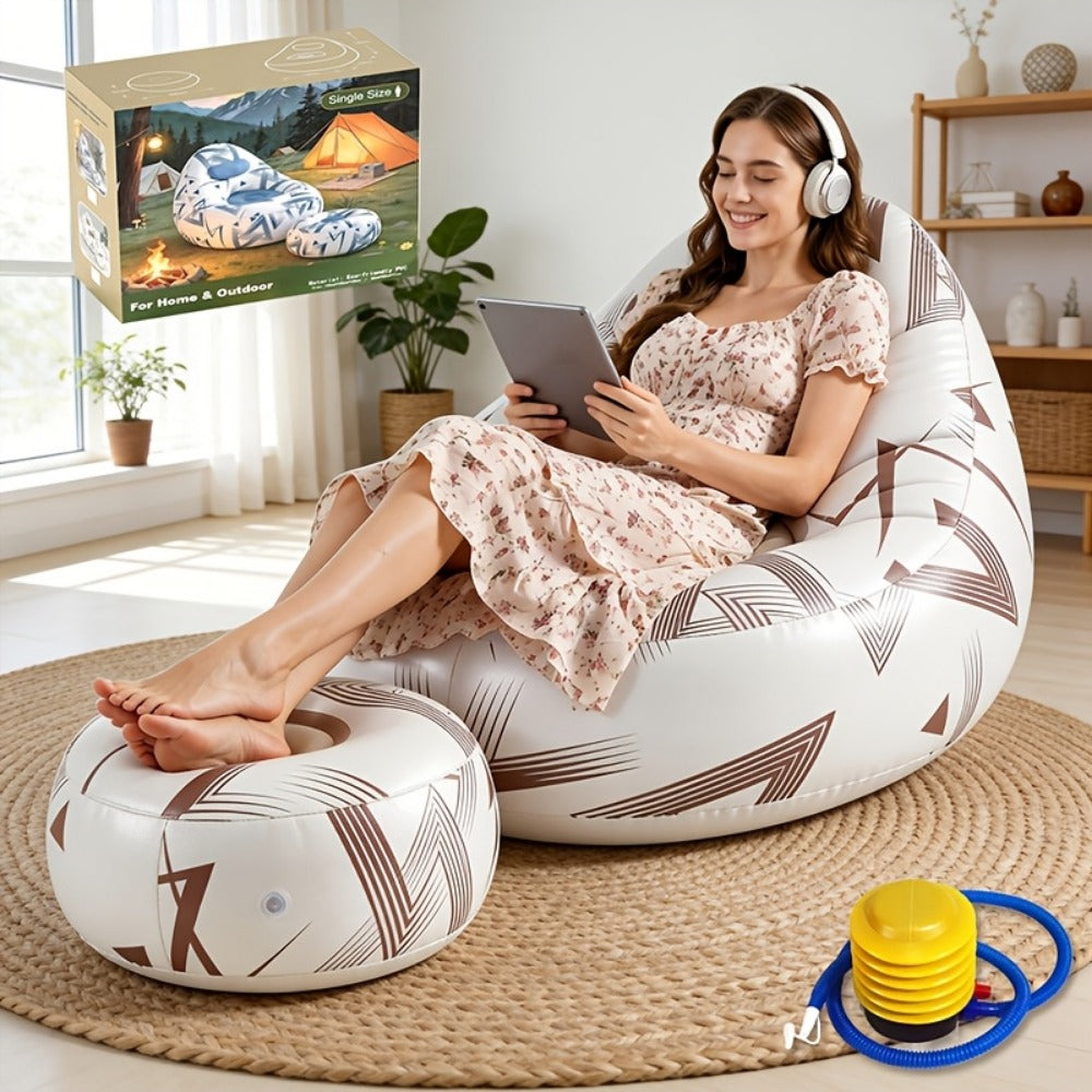 Inflatable Rounded Lounge Chair and Matching Ottoman in Eight Solid or Patterned Color Options