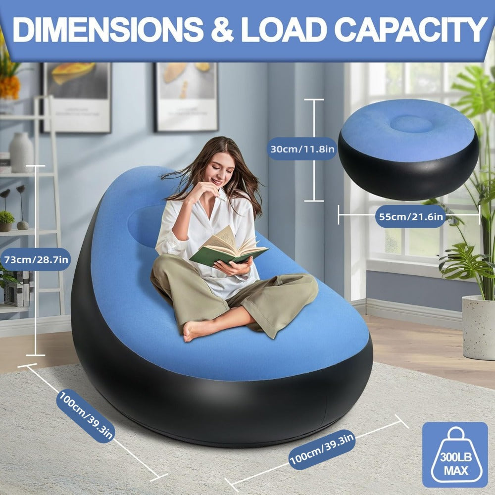 Inflatable Rounded Lounge Chair and Matching Ottoman in Eight Solid or Patterned Color Options