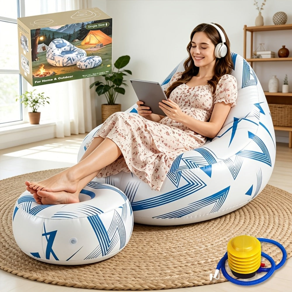 Inflatable Rounded Lounge Chair and Matching Ottoman in Eight Solid or Patterned Color Options