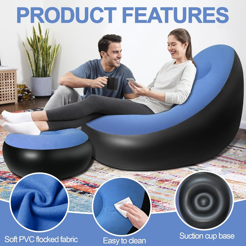Inflatable Rounded Lounge Chair and Matching Ottoman in Eight Solid or Patterned Color Options