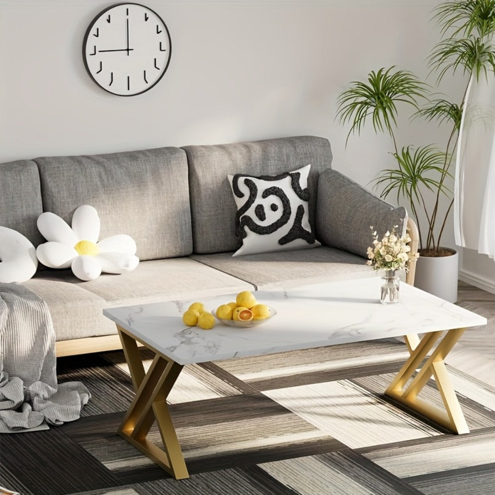 Coffee Table with Rectangular Faux Marble Engineered-Wood Top, Crossed Metal Frame and Four Finish Options