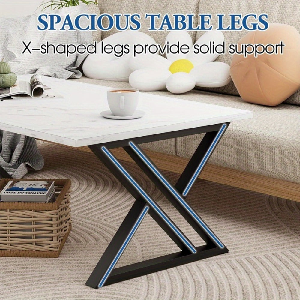 Coffee Table with Rectangular Faux Marble Engineered-Wood Top, Crossed Metal Frame and Four Finish Options