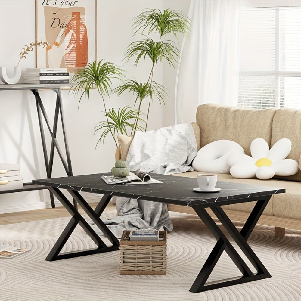 Coffee Table with Rectangular Faux Marble Engineered-Wood Top, Crossed Metal Frame and Four Finish Options