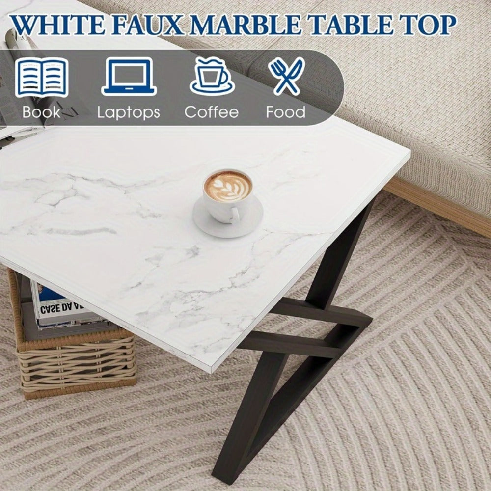 Coffee Table with Rectangular Faux Marble Engineered-Wood Top, Crossed Metal Frame and Four Finish Options