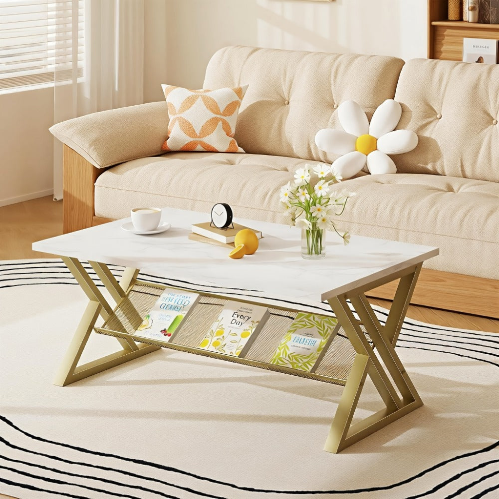 Coffee Table with Rectangular Faux Marble Engineered-Wood Top, Crossed Metal Frame and Four Finish Options