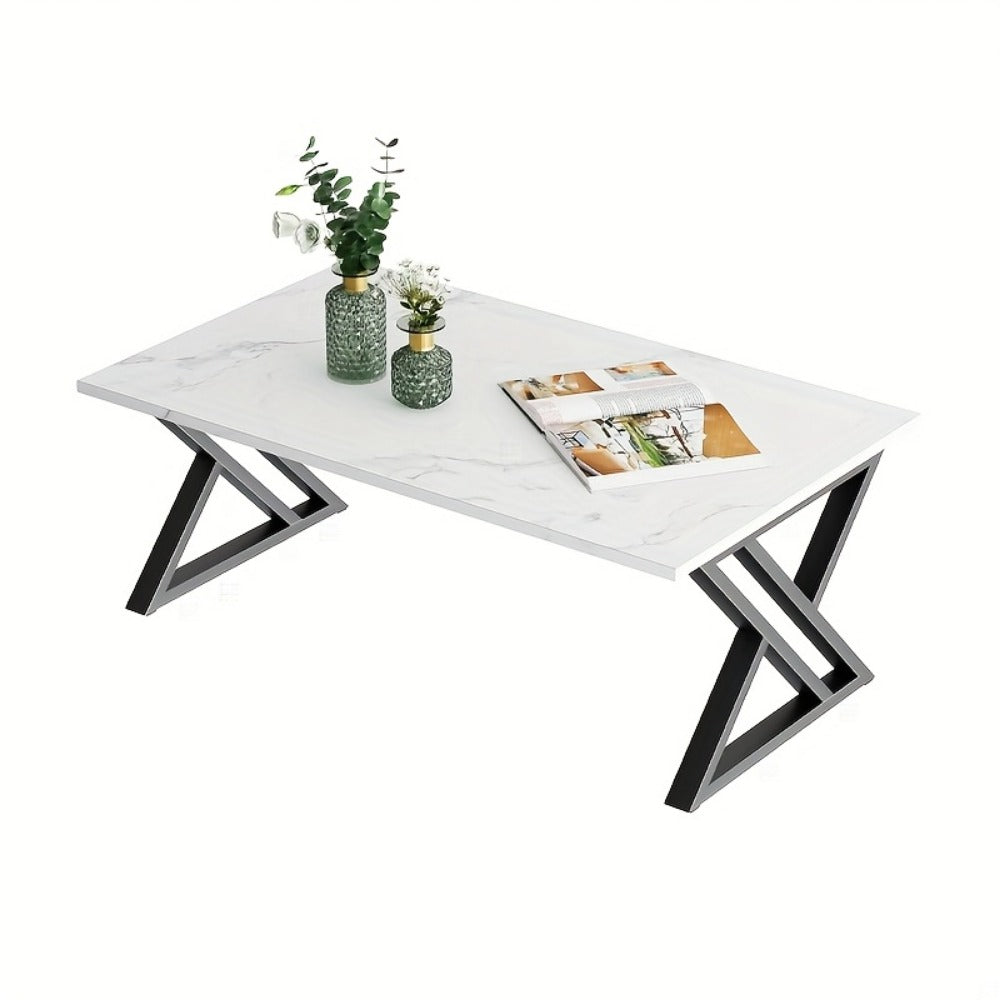 Coffee Table with Rectangular Faux Marble Engineered-Wood Top, Crossed Metal Frame and Four Finish Options