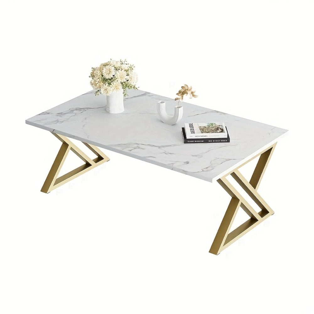 Coffee Table with Rectangular Faux Marble Engineered-Wood Top, Crossed Metal Frame and Four Finish Options