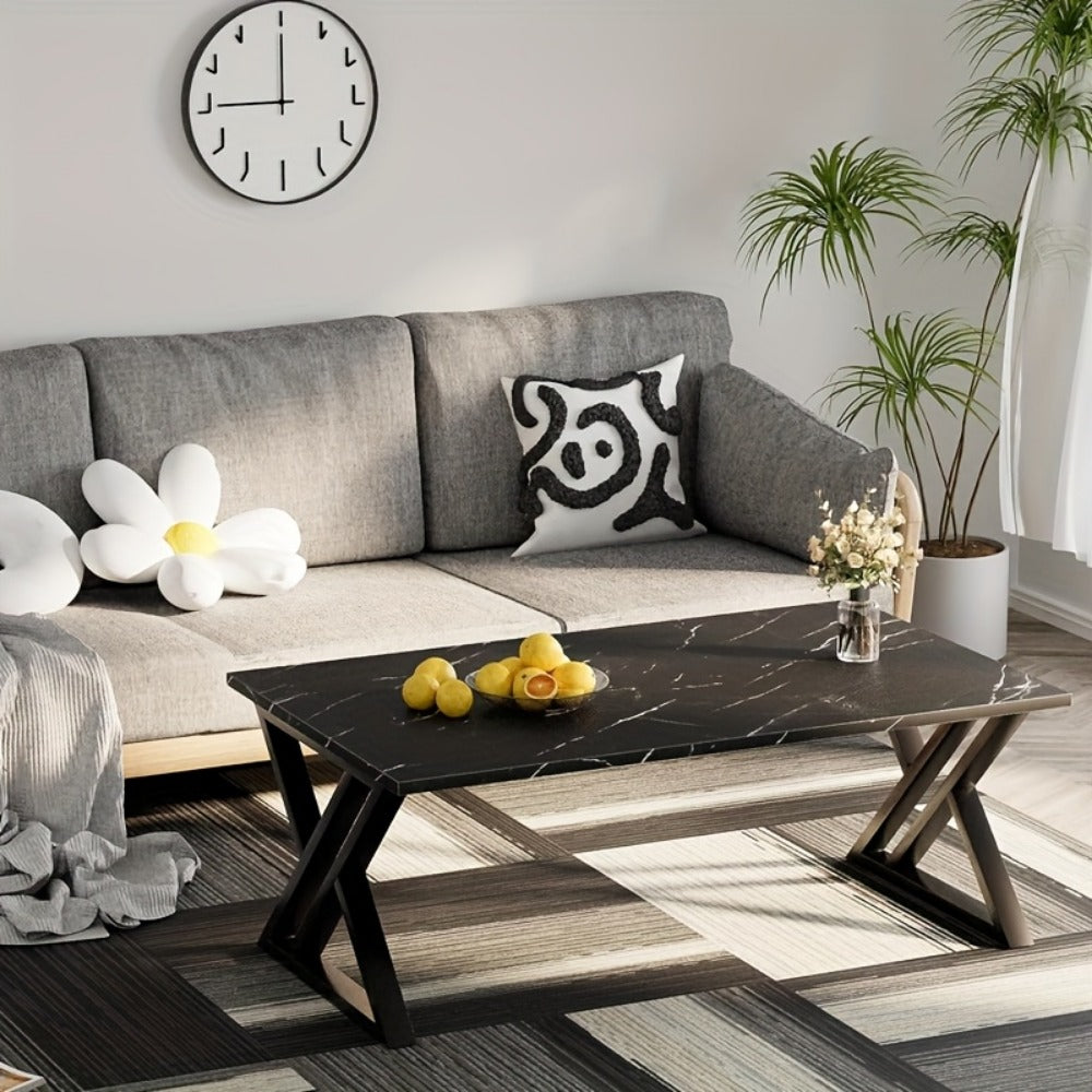 Coffee Table with Rectangular Faux Marble Engineered-Wood Top, Crossed Metal Frame and Four Finish Options