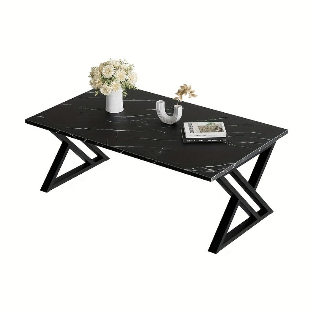 Coffee Table with Rectangular Faux Marble Engineered-Wood Top, Crossed Metal Frame and Four Finish Options
