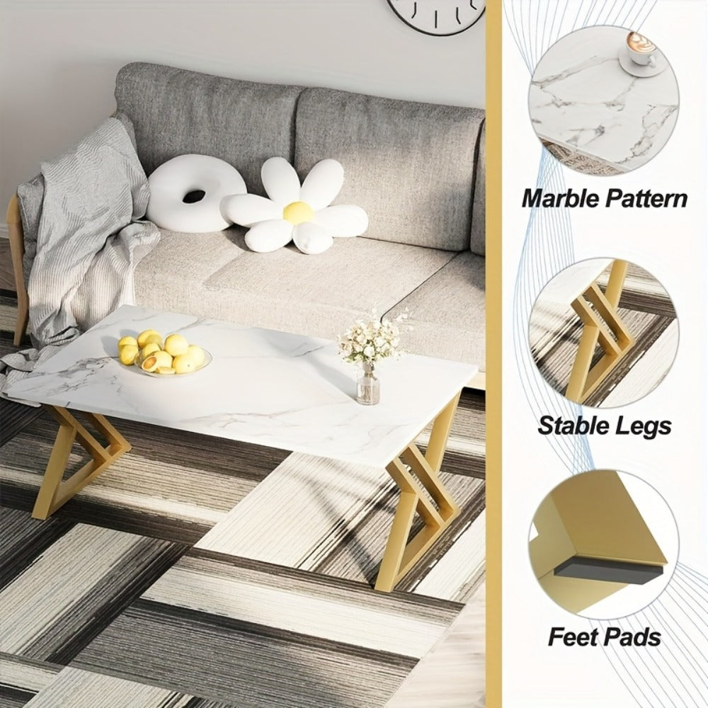 Coffee Table with Rectangular Faux Marble Engineered-Wood Top, Crossed Metal Frame and Four Finish Options