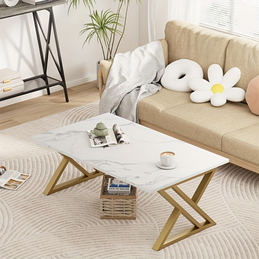 Coffee Table with Rectangular Faux Marble Engineered-Wood Top, Crossed Metal Frame and Four Finish Options