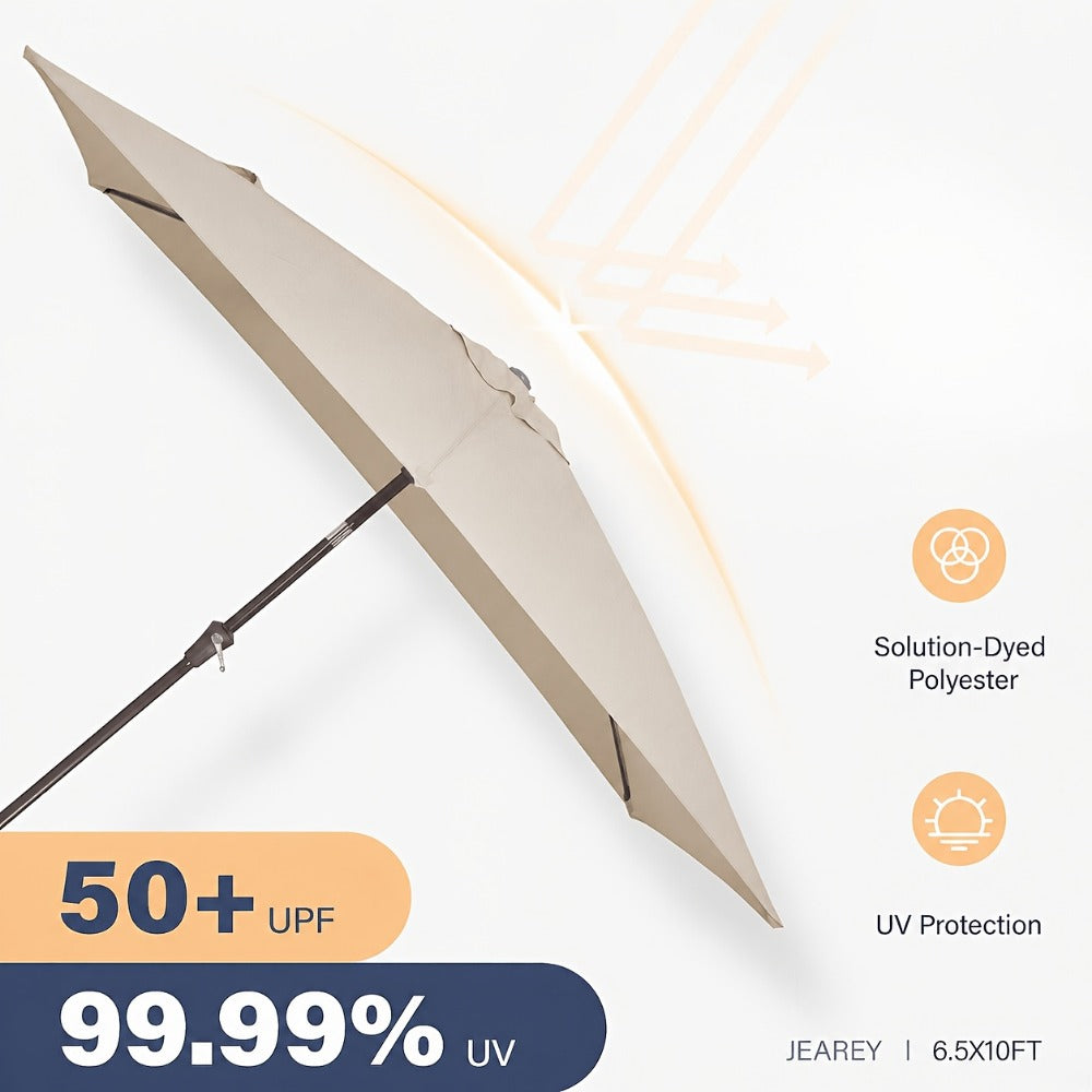 Patio Umbrella 6.5x10FT Rectangular Table Style with Six Iron Ribs, Push Tilt and Crank for Outdoor Dining