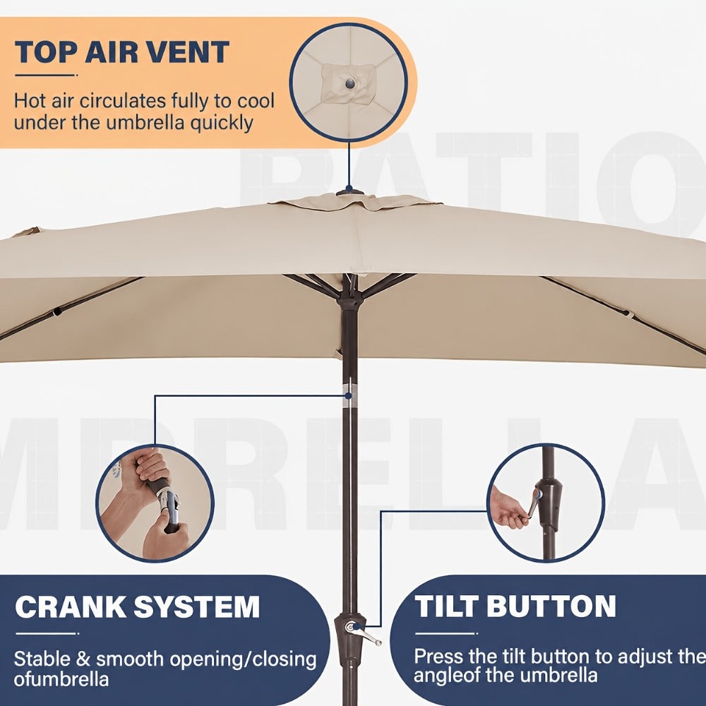 Patio Umbrella 6.5x10FT Rectangular Table Style with Six Iron Ribs, Push Tilt and Crank for Outdoor Dining
