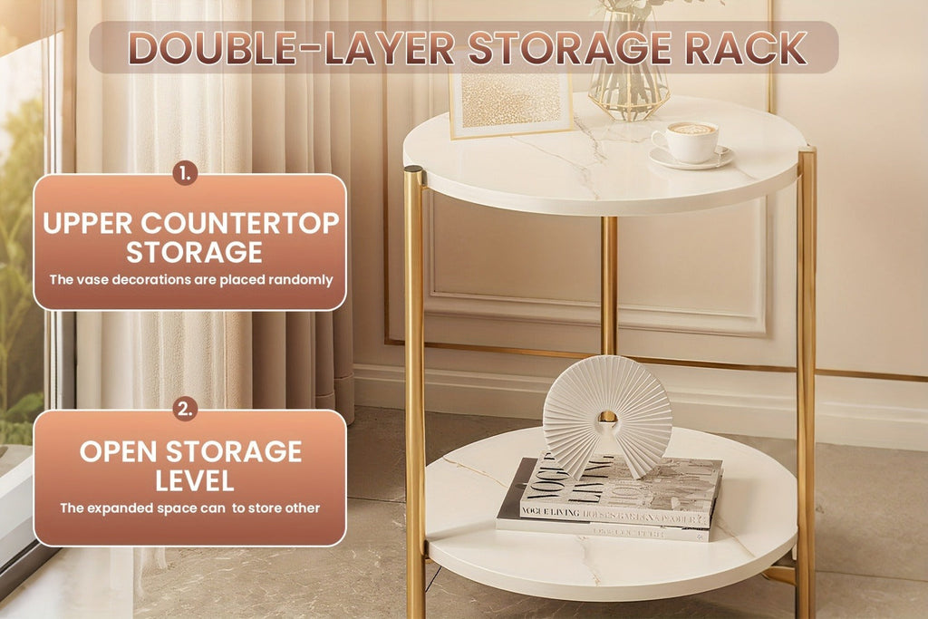 Coffee Table with Round Marble-Patterned Glass Top, Open Lower Shelf and White-and-Gold Frame