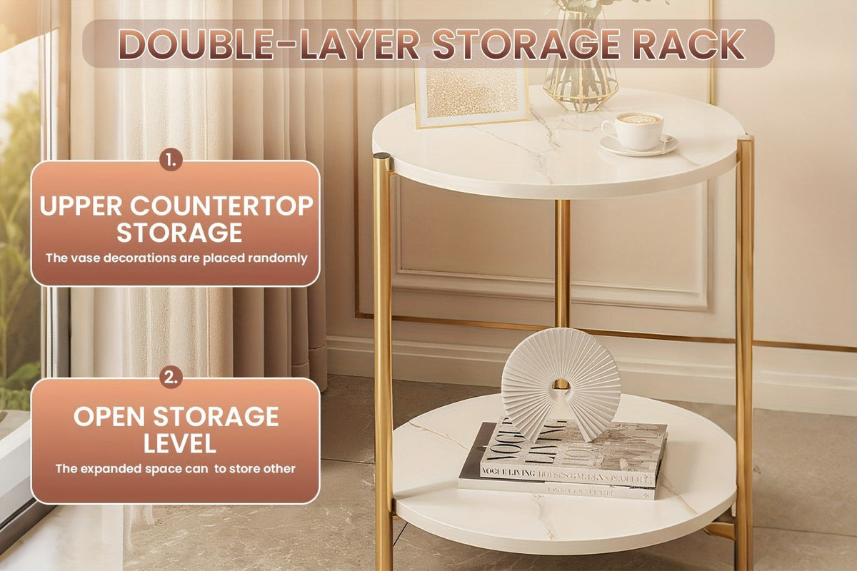 Coffee Table with Round Marble-Patterned Glass Top, Open Lower Shelf and White-and-Gold Frame