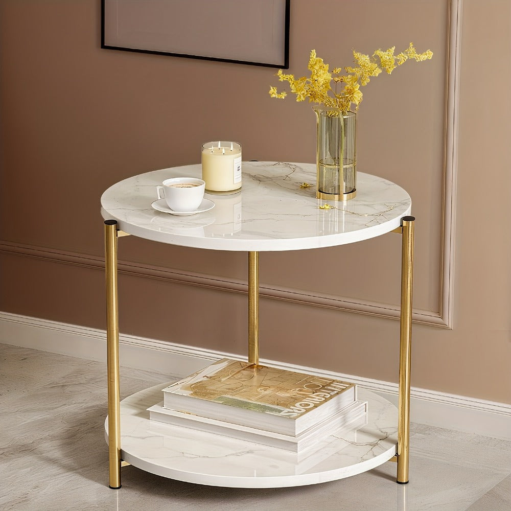 Coffee Table with Round Marble-Patterned Glass Top, Open Lower Shelf and White-and-Gold Frame