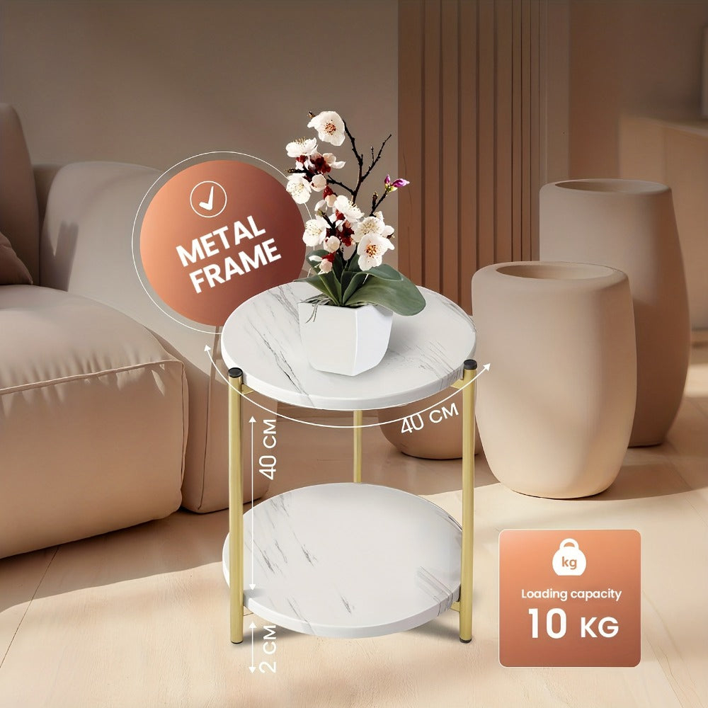 Coffee Table with Round Marble-Patterned Glass Top, Open Lower Shelf and White-and-Gold Frame