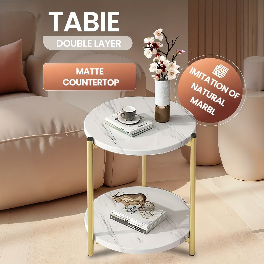 Coffee Table with Round Marble-Patterned Glass Top, Open Lower Shelf and White-and-Gold Frame
