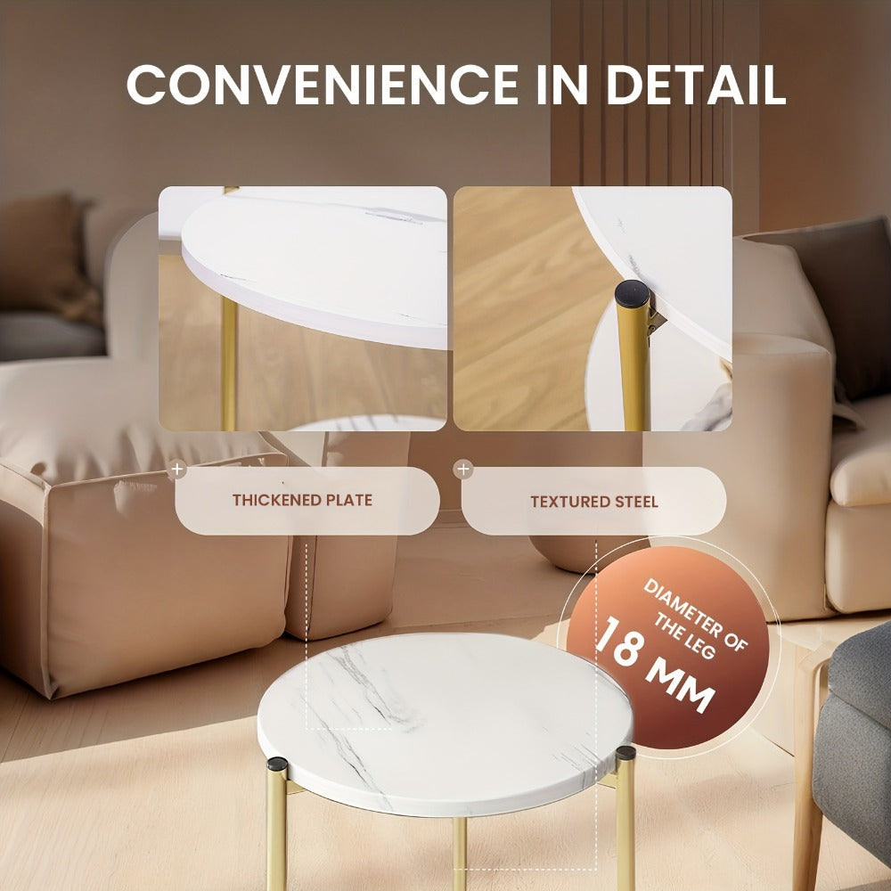 Coffee Table with Round Marble-Patterned Glass Top, Open Lower Shelf and White-and-Gold Frame