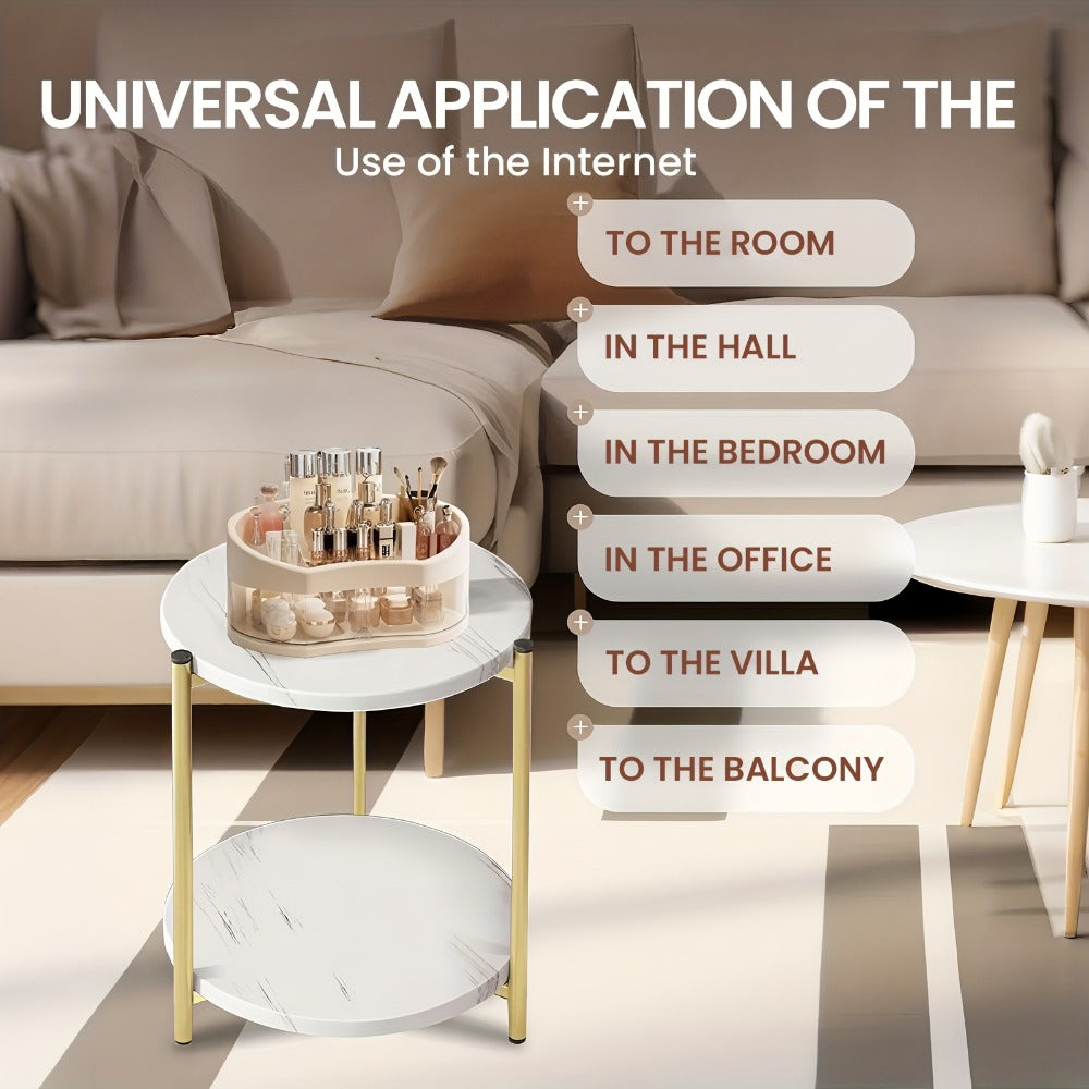 Coffee Table with Round Marble-Patterned Glass Top, Open Lower Shelf and White-and-Gold Frame