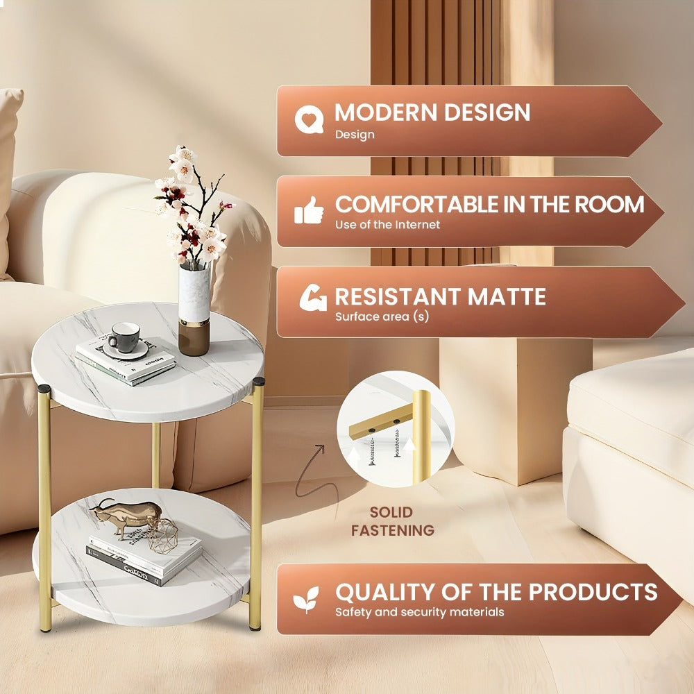 Coffee Table with Round Marble-Patterned Glass Top, Open Lower Shelf and White-and-Gold Frame