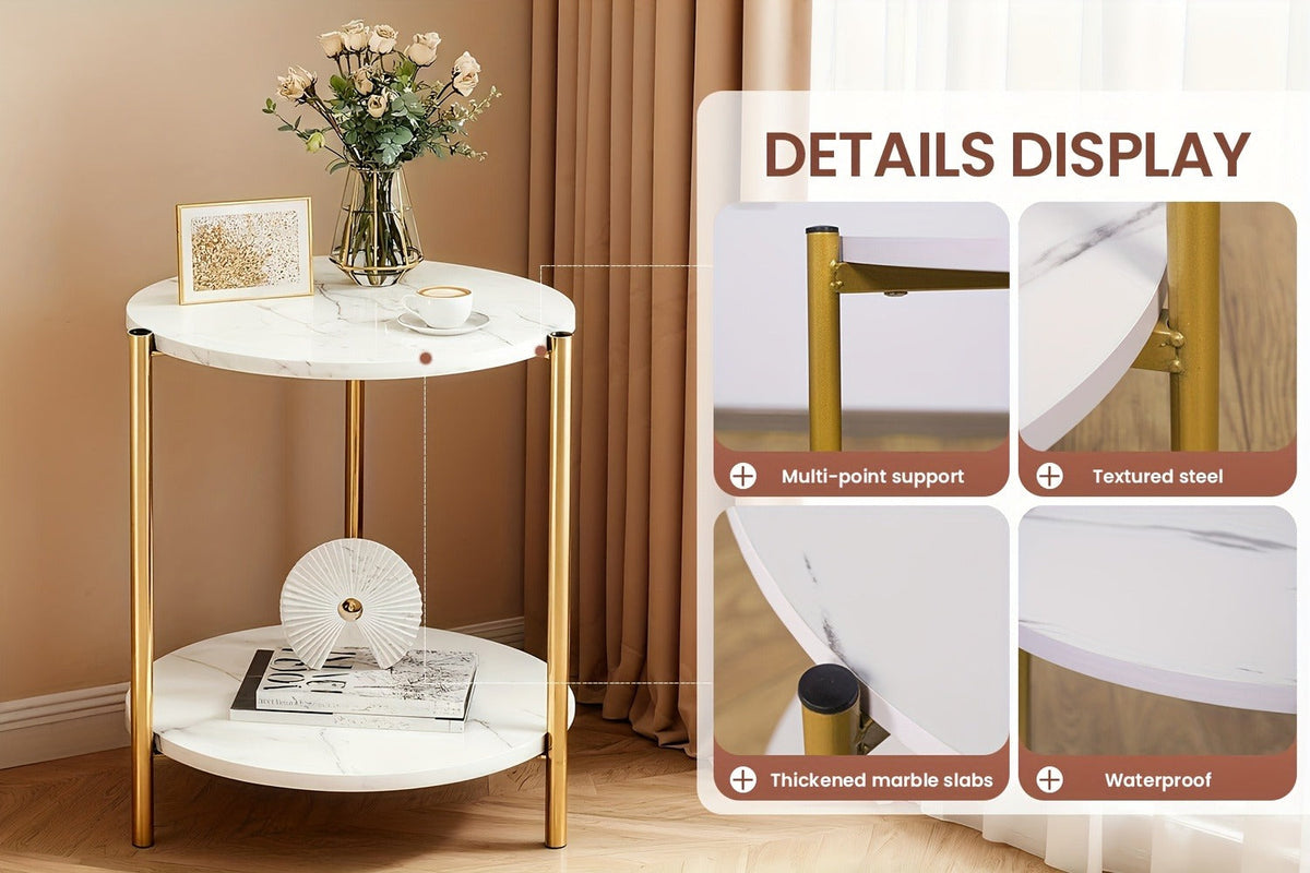 Coffee Table with Round Marble-Patterned Glass Top, Open Lower Shelf and White-and-Gold Frame