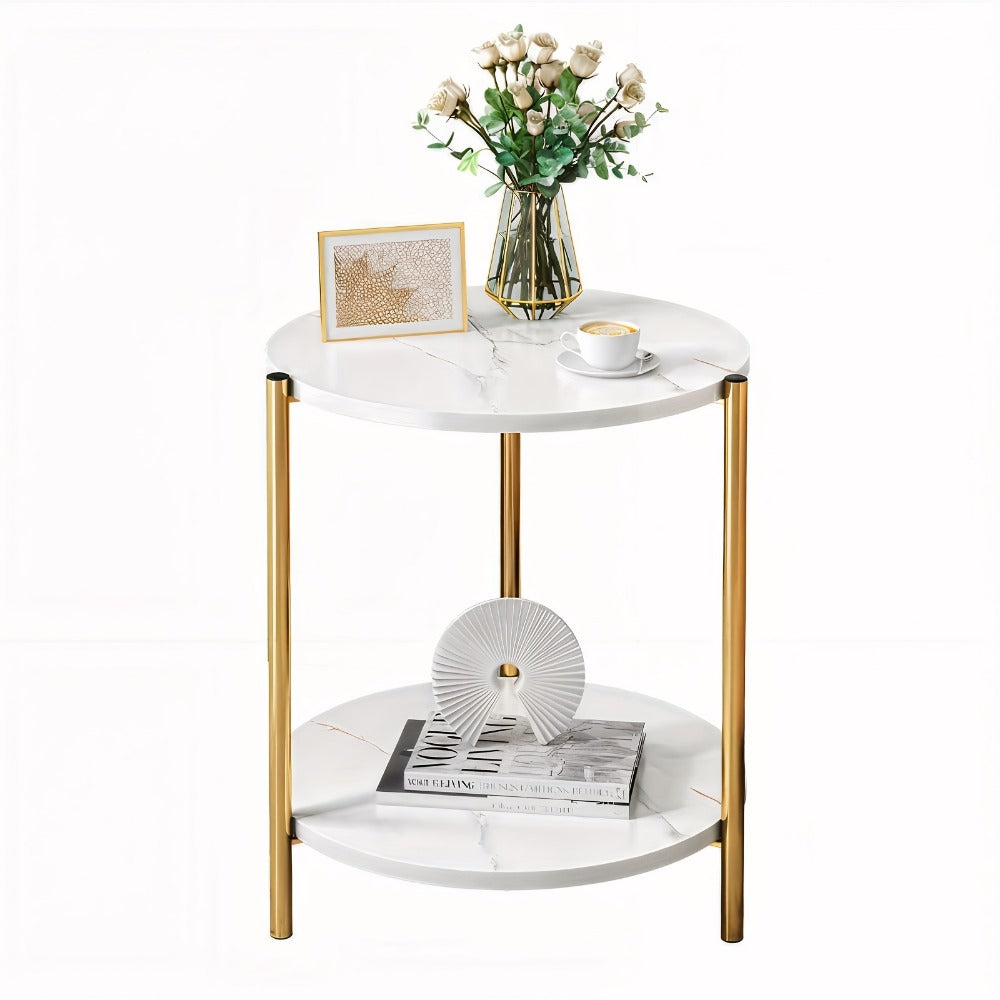 Coffee Table with Round Marble-Patterned Glass Top, Open Lower Shelf and White-and-Gold Frame