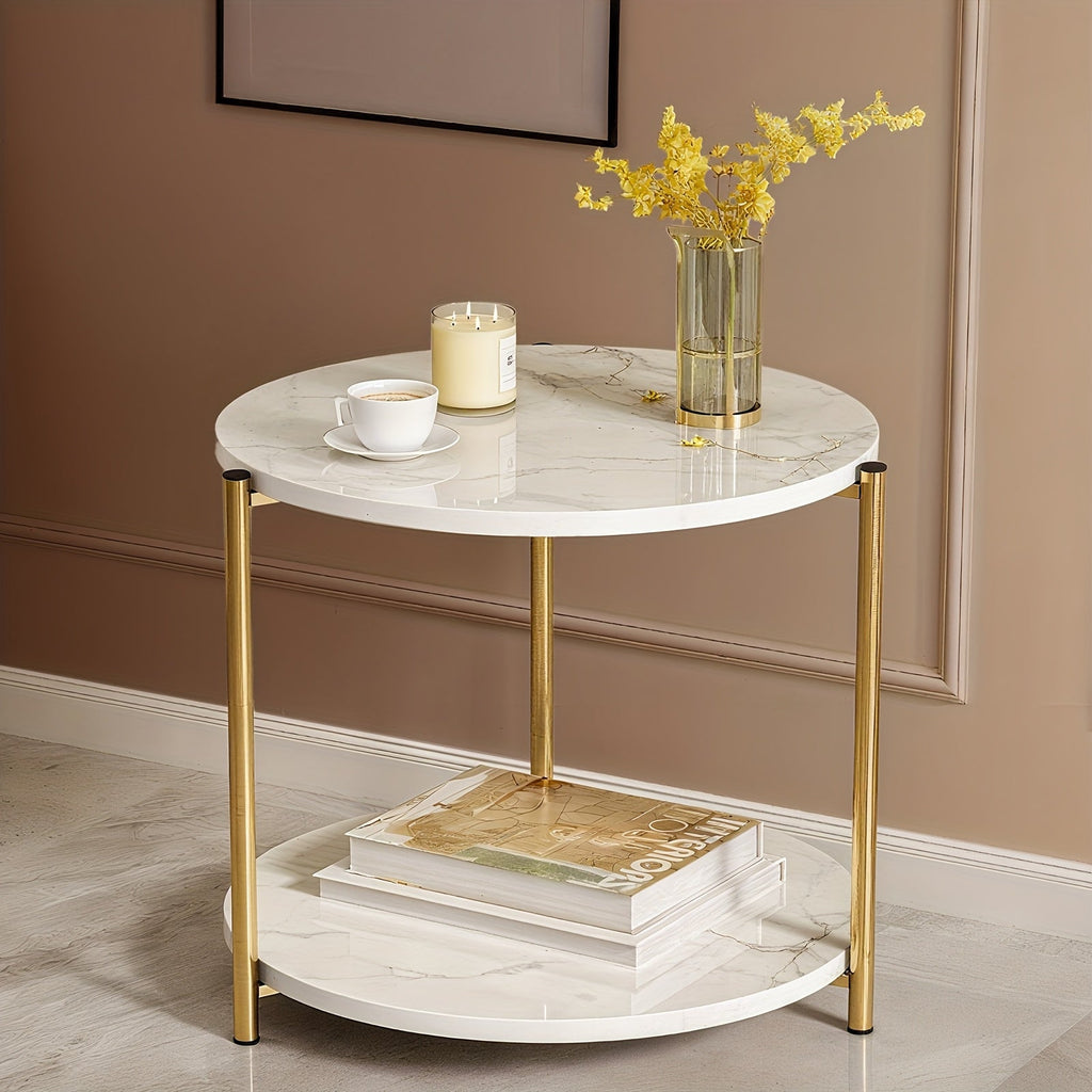 Coffee Table with Round Marble-Patterned Glass Top, Open Lower Shelf and White-and-Gold Frame