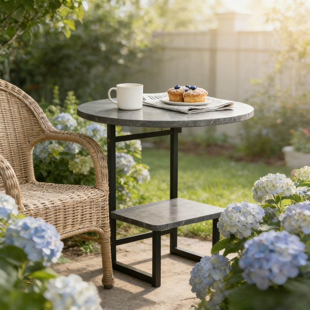 Outdoor Side Table by Furn Mivo, Round Metal Frame Design with Faux Stone Top and Seven Finish Options