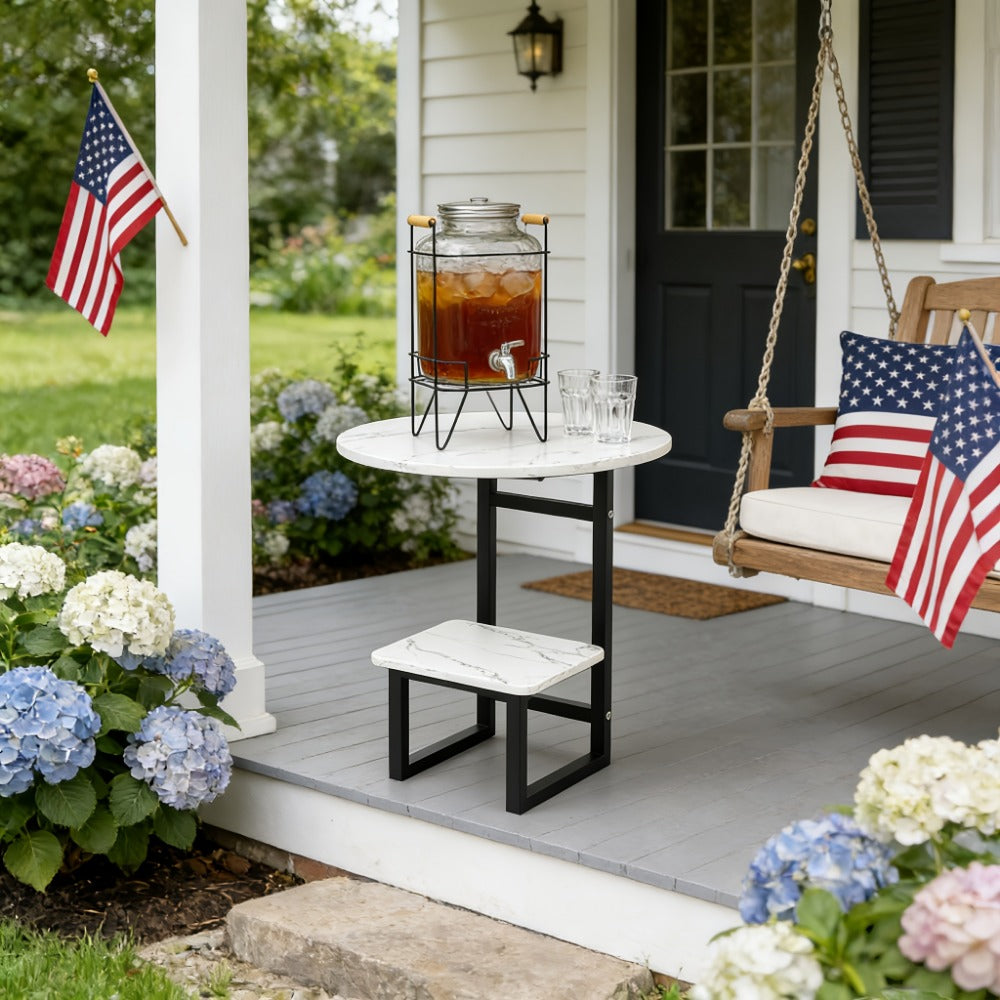 Outdoor Side Table by Furn Mivo, Round Metal Frame Design with Faux Stone Top and Seven Finish Options