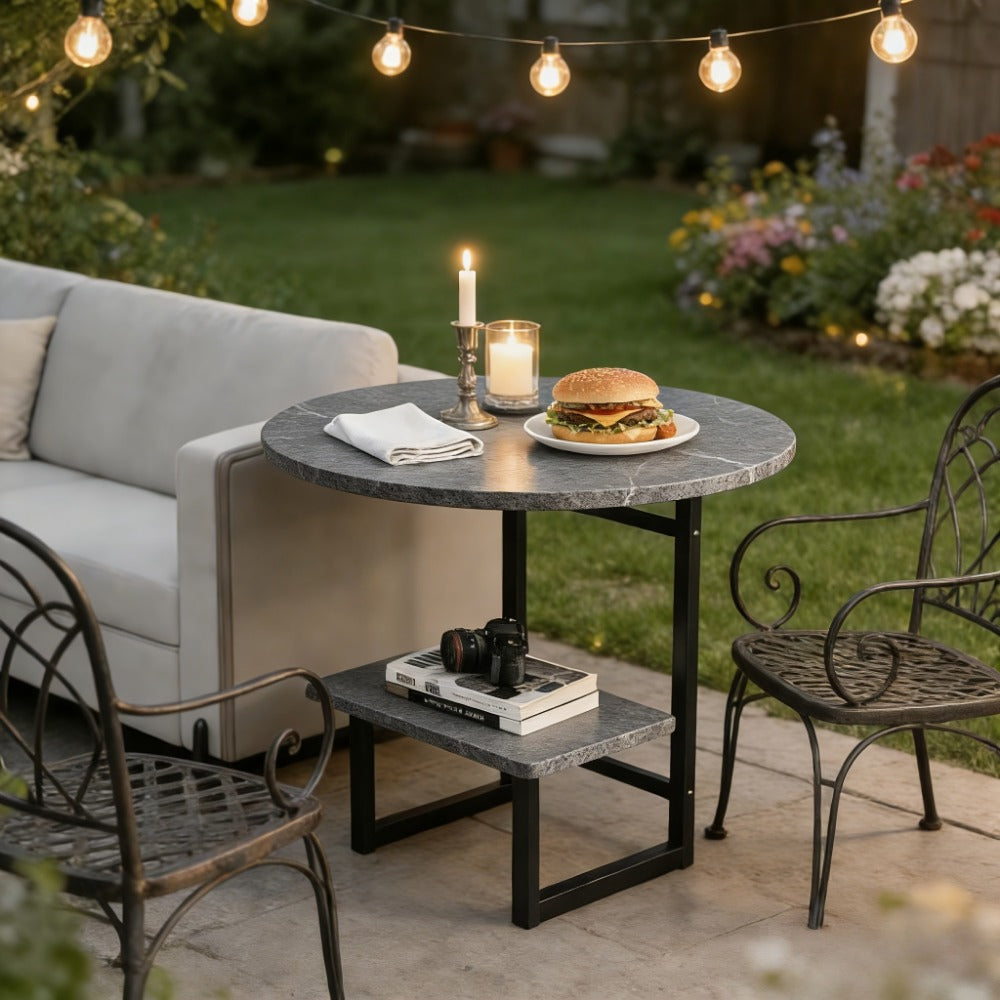 Outdoor Side Table by Furn Mivo, Round Metal Frame Design with Faux Stone Top and Seven Finish Options