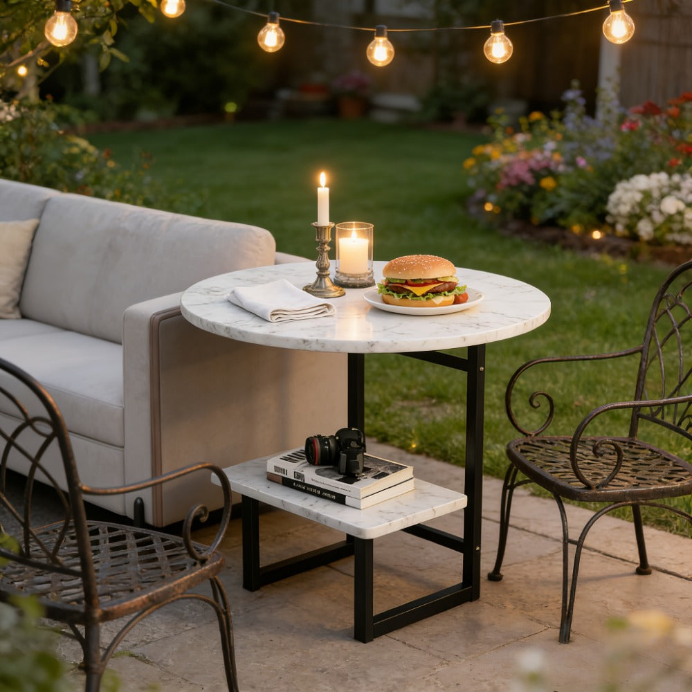 Outdoor Side Table by Furn Mivo, Round Metal Frame Design with Faux Stone Top and Seven Finish Options