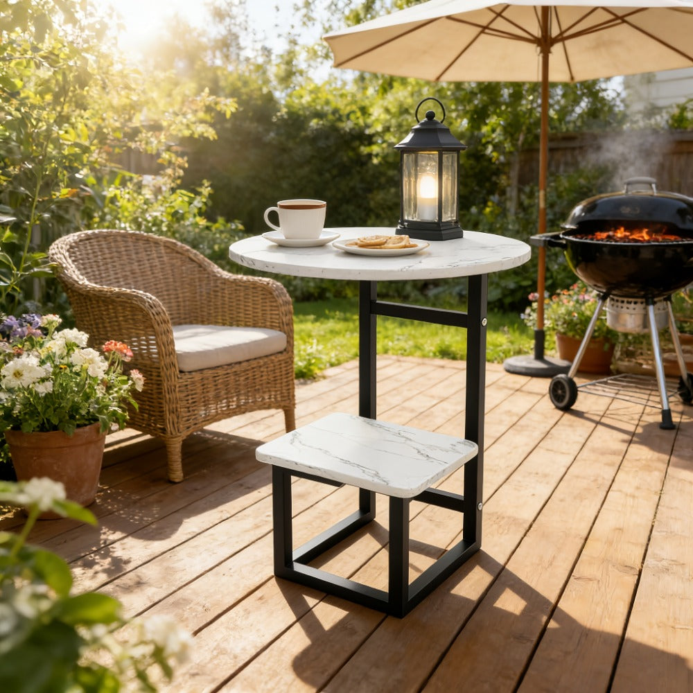 Outdoor Side Table by Furn Mivo, Round Metal Frame Design with Faux Stone Top and Seven Finish Options