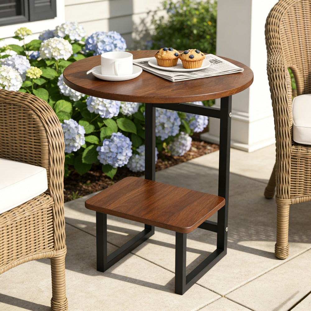Outdoor Side Table by Furn Mivo, Round Metal Frame Design with Faux Stone Top and Seven Finish Options