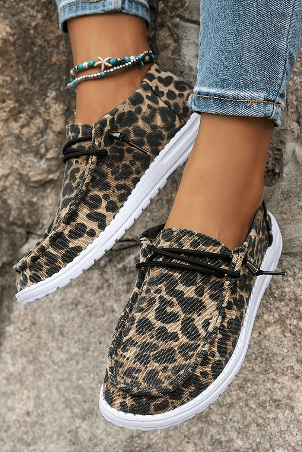 Threaded Pear Kira Lace-up Decor Leopard Canvas Shoes