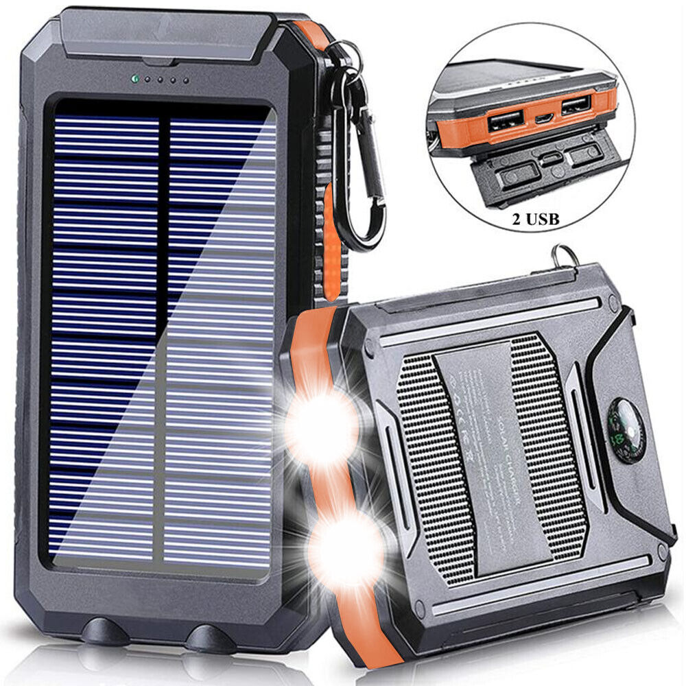 Solar Power Bank for Portable USB Charging, 10000mAh Dual-Port Battery with LED Lights and Built-In Compass