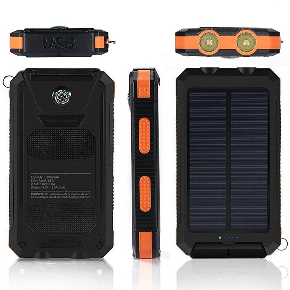 Solar Power Bank for Portable USB Charging, 10000mAh Dual-Port Battery with LED Lights and Built-In Compass