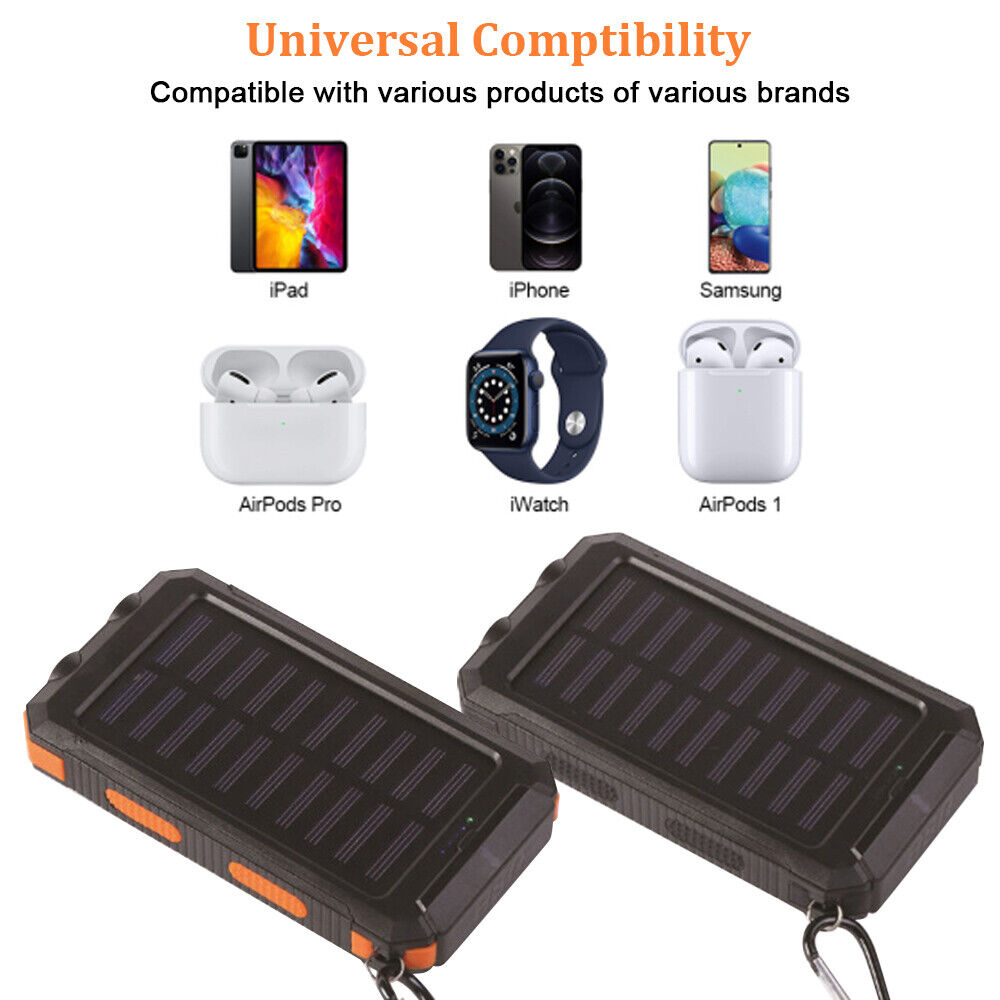 Solar Power Bank for Portable USB Charging, 10000mAh Dual-Port Battery with LED Lights and Built-In Compass