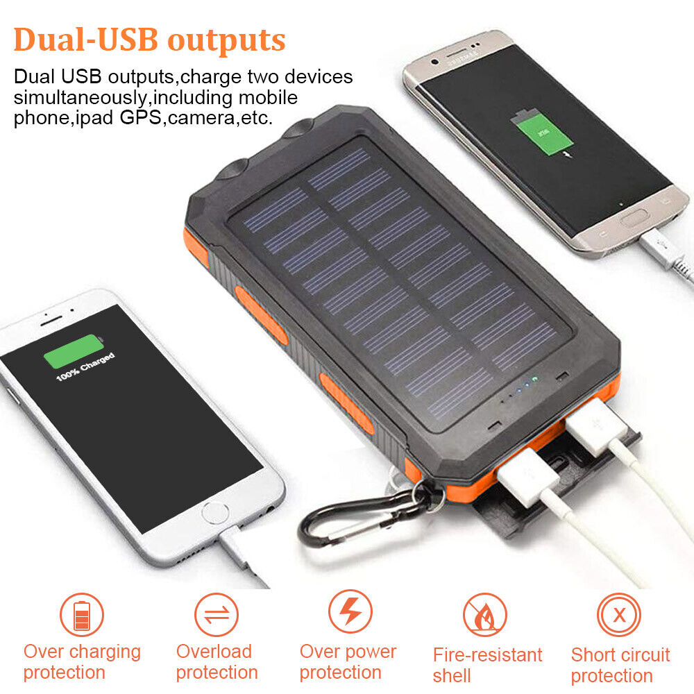 Solar Power Bank for Portable USB Charging, 10000mAh Dual-Port Battery with LED Lights and Built-In Compass