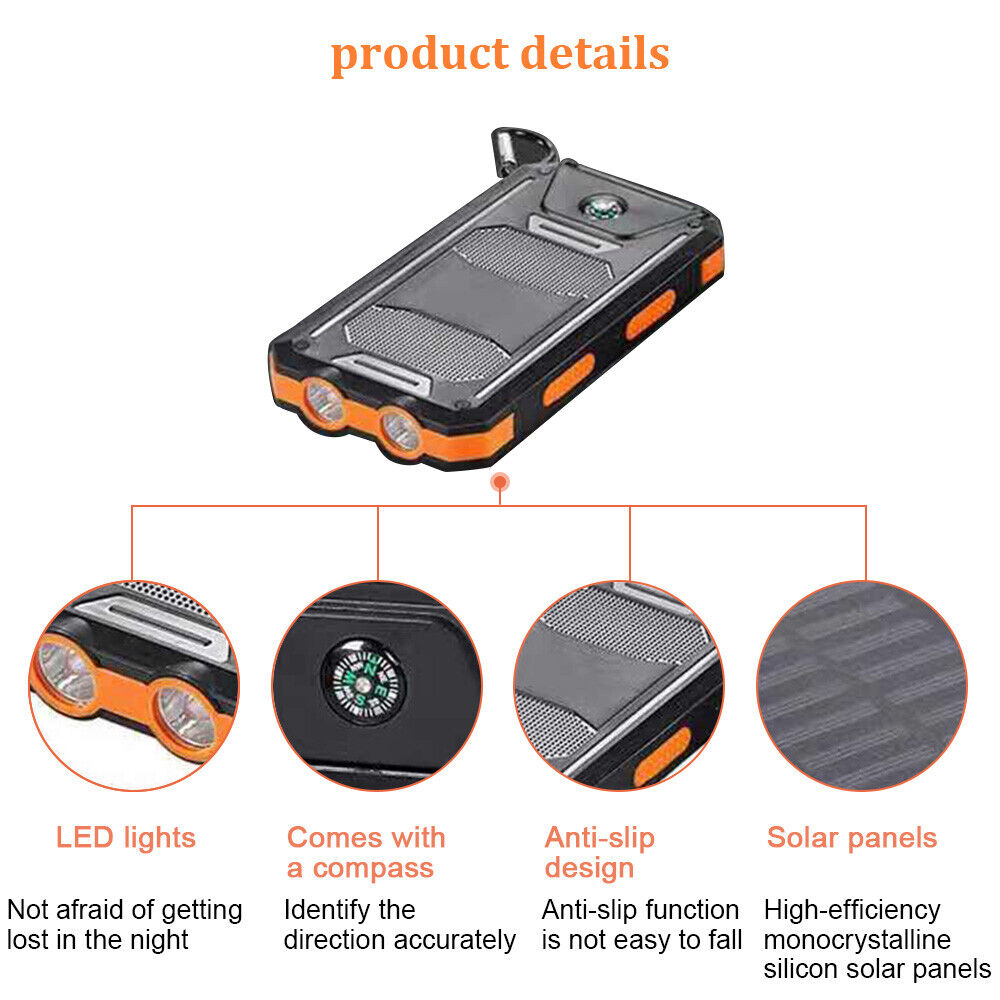 Solar Power Bank for Portable USB Charging, 10000mAh Dual-Port Battery with LED Lights and Built-In Compass