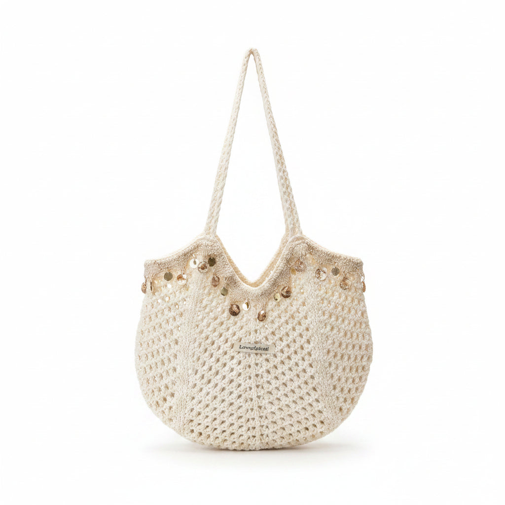 Women's Ivory Crochet Hobo Bag with Gold Coin Trim