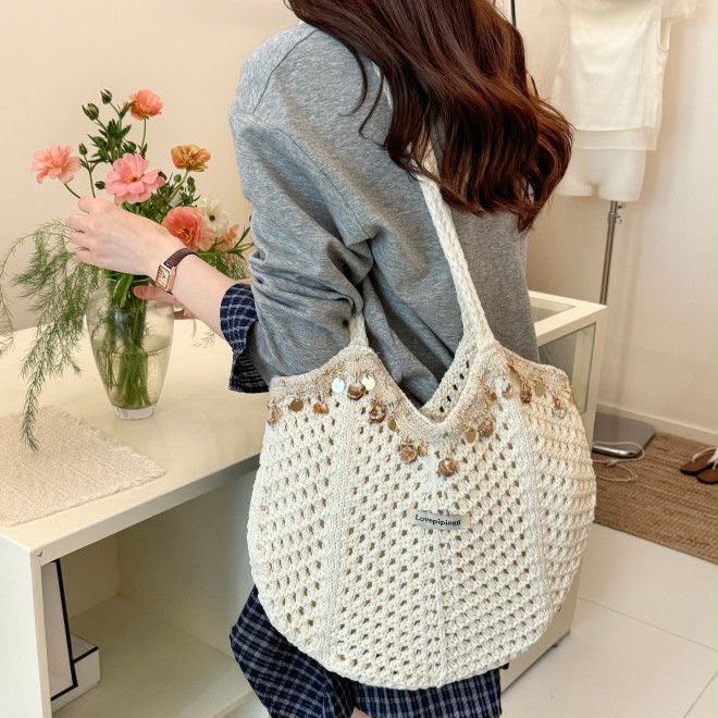 Women's Ivory Crochet Hobo Bag with Gold Coin Trim