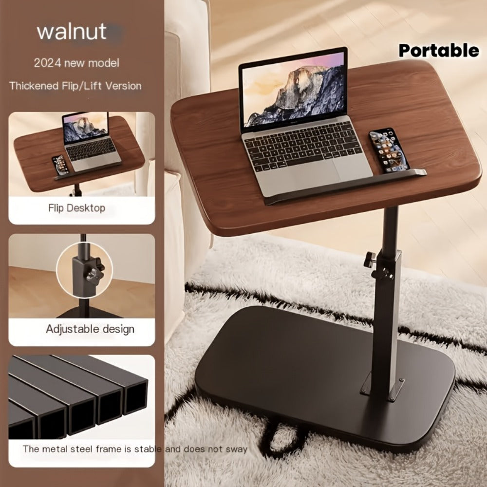 Side Table Adjustable C-Shaped Walnut Tray with Optional Wheels for Living Room and Home Office Use