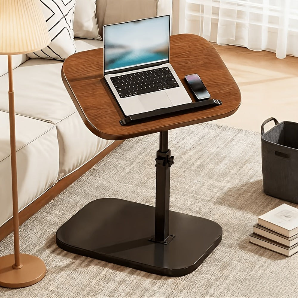 Side Table Adjustable C-Shaped Walnut Tray with Optional Wheels for Living Room and Home Office Use