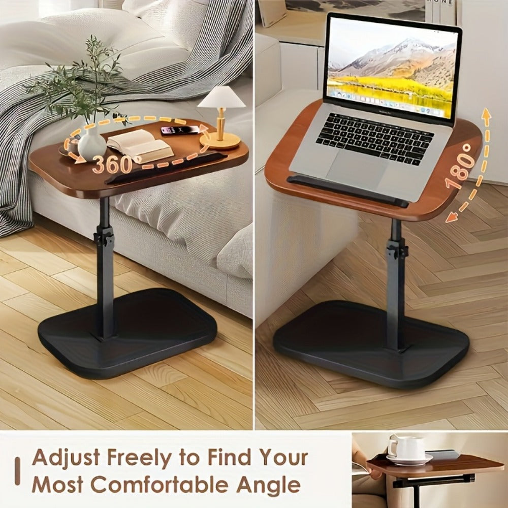 Side Table Adjustable C-Shaped Walnut Tray with Optional Wheels for Living Room and Home Office Use